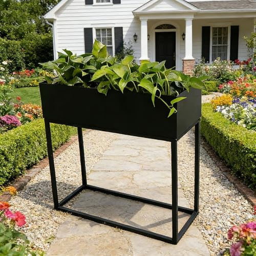 Erhöhtes Pflanzgefäß, Hochbeet, schmaler Pflanzenständer mit Drainagelöchern, verzinktes Eisen, rechteckiger Pflanzkübel für Terrasse, Garten und Balkon (Schwarz)(80 * 25 * 80cm)