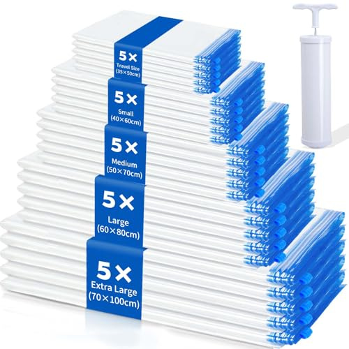 Gucass 25er Vakuumbeutel für Kleidung mit Pumpe, Größenmix von S bis XXL Vakuumbeutel für Bettdecken, Vacuum Bags for Clothing, Vacuum Beutel, Reise Vakuumbeutel Kleidung in 5 Größen