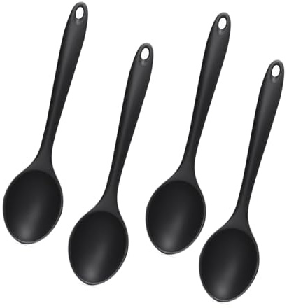 4 Pcs Silicone Spoon, Nonstick Kitchen Spoon Set, Heat Resistant Kitchen Utensils, Safe Stirring and Mixing Spoons with Hanging Holes for Home Cooking, Baking and Daily Kitchen Use, Black
