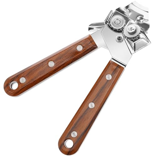 SEWACC Abrelatas Manual de Acero Inoxidable Mango de Madera Estilo Secoya, Abridor Multifuncional de Botellas y Frascos, Herramienta Resistente y Antióxido para Uso Doméstico