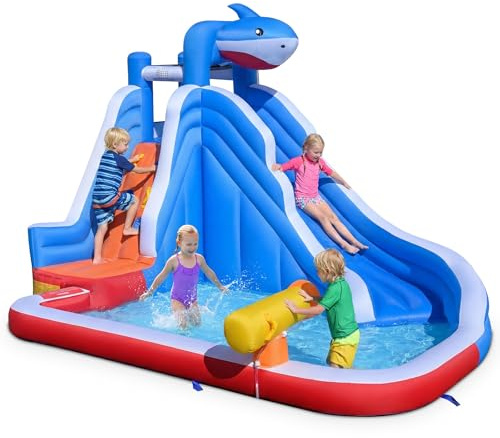 COSTWAY Castillo Hinchable para Niños, Parque Acuático Infantil con Temática Tiburón, Tobogán, Piscina, Cañón de Agua, Rocódromo y Bolsa de Transporte, Castillo Inflable para Interior y Exterior