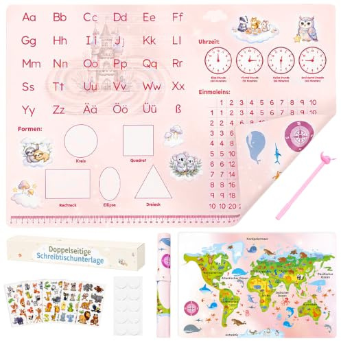 Sous-main d'apprentissage double face pour enfants avec carte du monde et lettres – Sous-main imperméable (60 x 40 cm), paquet cadeau avec autocollants et stylo – Cadeau créatif pour garçons et filles