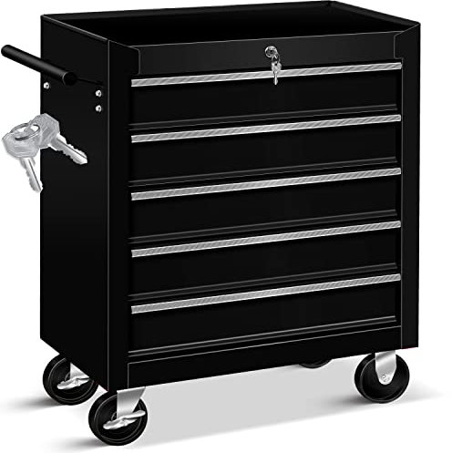 MASKO® Werkstattwagen - 5 Schubladen, schwarz | Abschließbar | Massives Metall | Mobiler Werkzeug-Wagen ohne Werkzeug | Profi Werkstatt-Wagen | Rollwagen zur Werkzeugaufbewahrung mit Schloss |