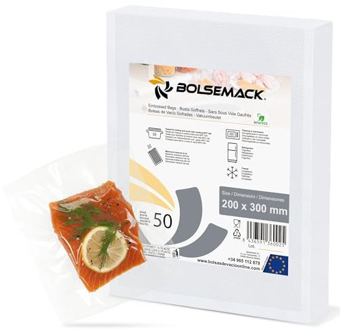 Bolsemack Sacs Sous Vide Alimentaires 50 Sachets 20 x 30 cm pour Machine Mise Sous Vide Sans BPA, Sacs Gaufrés pour Conservation et Cuisson, Poches Sous-Vide pour Congelation Fabriqués en UE.