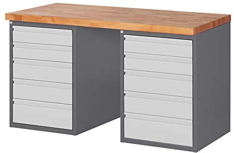 STIER Werkbank Premium, 10 Schubladen, 150x70x89cm, aus pulverbeschichtetem Stahl und Buche, perfekt für anspruchsvolle Werkstattanforderungen, robust und vielseitig