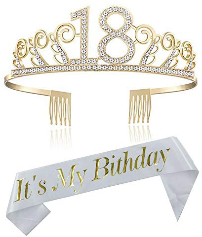 REYOK Geburtstags Krone 18. Geburtstags Kristall Tiara Krone mit 18 Today Geburtstags Schärpe Birthday Crown Prinzessin Kronen Haar-Zusätze - Silber für Geburtstagsfeiern oder Geburtstagskuchen