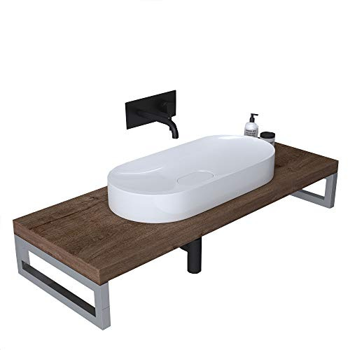 Mai & Mai Sobre Encimera de Madera Maciza para Lavabo Incl. Soporte de Acero Inoxidable, Estante de Pared para Baño Platte01, Roble, 45x80 cm | Platte01 - Estante suspendido para lavabo