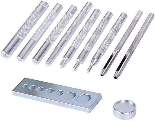Nietensatz – 11 Stück LederStanzstanzer mit LochÖse und HandschnappInstallationsset mit Basis und MiniAmbossSet für Lederhandwerk, Einstellwerkzeug zum Stanzen von Löchern und Installieren von
