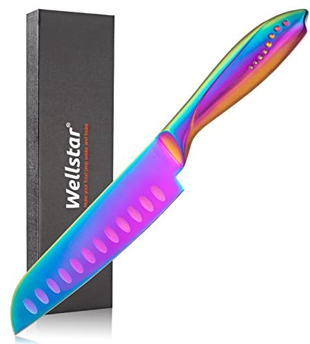 WELLSTAR Santoku Knife 5 Inch, Super Sharp German Steel Kitchen Cooking Knife with Comfortable Handle and Rainbow Coating for Slicing Dicing and Mincing of Meat Vegetables and Fruits for Small Hand