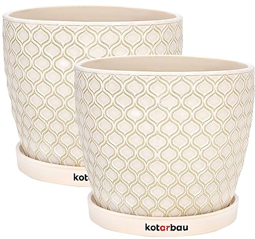 Kotarbau® keramisk blomkruka i set om 2, ytterkruka för växter, 17 cm diameter, gräddfärgad, vintage, med droppskål, fiskfjällsmönster