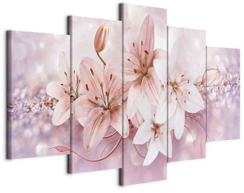 B&D XXL - Leinwandbild Lilien Abstrakt rosa, 150x75 cm, 5-teilig, modern | Hochwertige Leinwand, sofort aufhängbar, ideal fürs Wohn- oder Schlafzimmer, wasserfest und lichtecht, langlebig, stilvoll