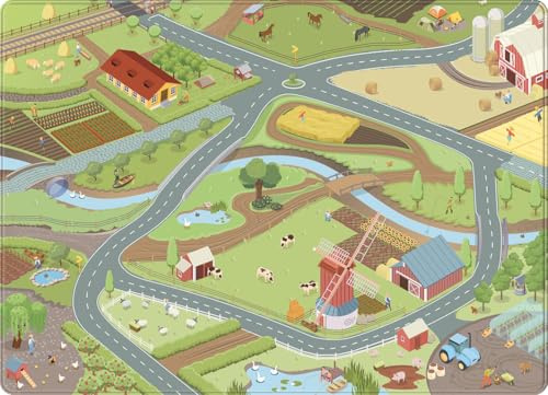 Mats & Joy – Bauernhof Spielmatte mit Straßenplan 130x180cm – Ultraweich – rutschfest – Waschbar – Spielteppich Auto – Spielteppich – Autoteppich – Autoteppich – Straßenteppich – Spielteppich