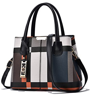NICOLE & DORIS Mode Handtasche Damen Klassische Handtasche Karierte Tasche PU Leder Schultertasche Henkeltasche Frauen Umhängetasche Designer Tote Bag mit Anhänger Schwarz