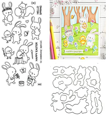 Qoiseys Frohe Ostern Stempel und Stanzschablonen Set,Clear Stempel und Stanzen Set Basteln Prägeschablone,Silikonstempel Metall Die Stanzen für DIY Scrapbooking Fotoalbum