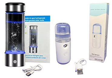 2VABU PACK Botella de Agua Hidrogenada + Vaporizador Facial, Generador Portátil de Agua Hidrogenada de 450 ml, Agua de Hidrógeno en Minutos, Botella Hidrogenadora para el Trabajo, Deporte, Regalos