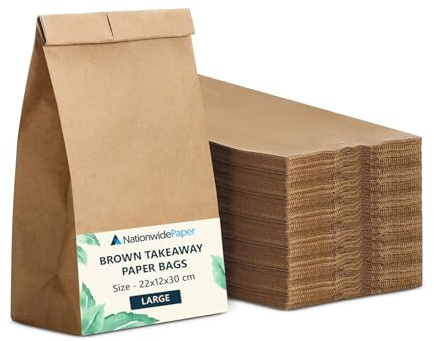 Nationwide Paper 50 pcs Large Brown Paper Bags No Handles Strong Takeaway Kraft Paper Bags for Grocery, Fruits, Snacks, Lunch, Birthday, Wedding, Supplier, and Vegetables (22x12x30cm)