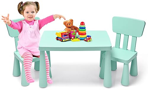 LIFEZEAL Barnbord med 2 stolar, söt barnstolsgrupp av plast, barnmöbler med ryggstöd och runda kanter, barnbord och stolset för flickor och pojkar (grön)