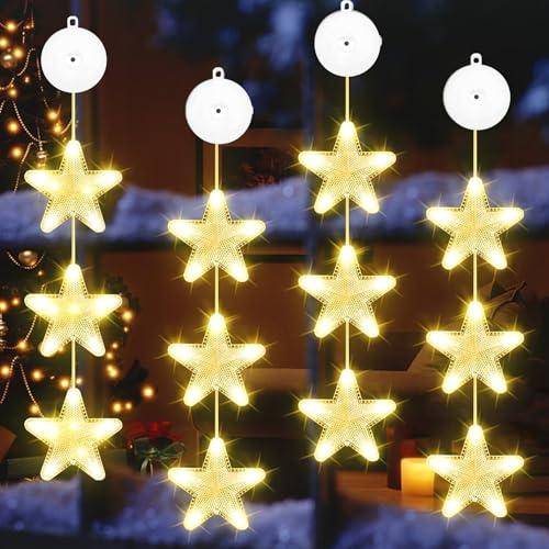 VEEKAY 4 Pièces Lumières De Ventouse De Noël, Lumière De Fenêtre Suspendue Avec Ventouse, Guirlande Lumineuse LED Intérieur pour Décoration De Fête, Mariage