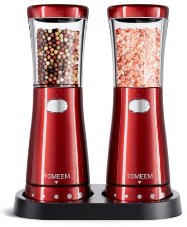 TOMEEM Electric Salt and Pepper Grinder Set, Stainless Steel Electric Pepper Grinder Mills, with Storage Base, USB Rechargeable, 4.5oz Large Capacity, Adjustable Coarseness, for Kitchen…
