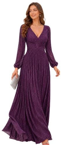 Ever-Pretty Women's Glitter A Line V Neck Pleated Long Sleeve Evening Dress 01961