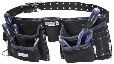 Faithfull Doppel-Werkzeug- und Nageltasche aus Wildleder – Werkzeuggürtel mit 10 Fächern, Hammerschlaufen und verstellbarem Ösengürtel (Größe: 81–112 cm) – Schwarz