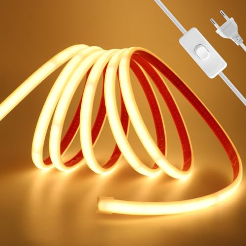 Wisada Anschluss an AC220-240V COB Streifen Selbstklebend mit ON/OFF Schalter, 2M 240LEDs/m Superhell Flexible FCOB LED Band (Schnitt alle 10cm), IP65 Warmweiß LED Leuchtband für Weihnachten