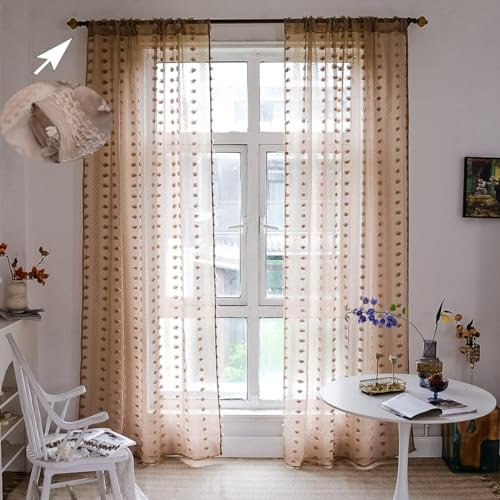 JTBDWOSK Gardinen Wohnzimmer Vorhänge Transparente Voile Sheer Vorhänge Mädchenzimmer Leinenstruktur mit Ösen Pompons Ösenschal Luftig Dekoschal für Schlafzimmer Kinderzimmer,Braun,H214xB132cm