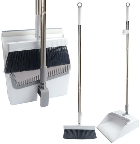 Roellgs Broom Dustpan Set with Comb Teeth Windproof Vertical Long-Handled Broom kit for Household Cleaning and Sweeping (Square Dustpan)