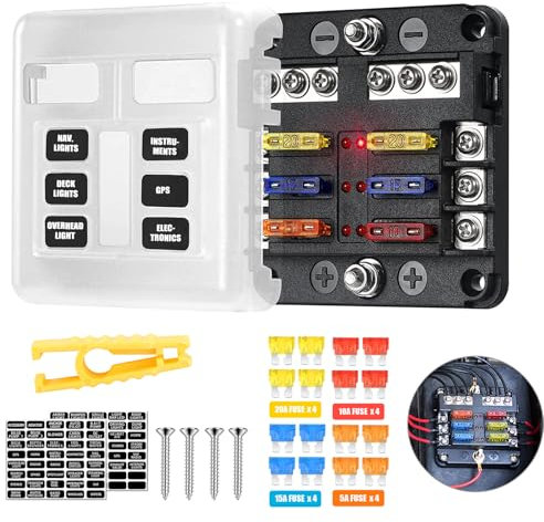 HOISGEAR Portafusibili a 6 vie, Scatola Fusibili ATC/ATO 12V/24V Blocco Fusibili a Lama DC 12V 100A Scatola Portafusibili con 24pcs Fusibili e Indicatore LED Bus Negativo per Auto Barca Furgone SUV