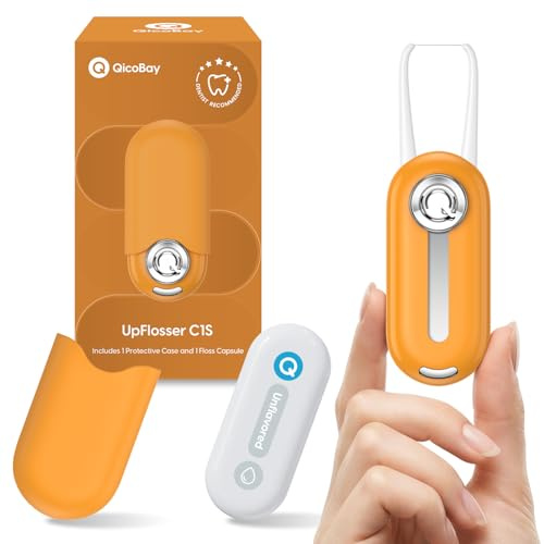 QicoBay C1S återanvändbart tandtrådset, automatisk fastsättande tandtråd med utbytbar tandtrådskapsel, multihygien, bärbar resetandtråd, återvinningsbart noll avfall, smaklöst (solnedgång orange)