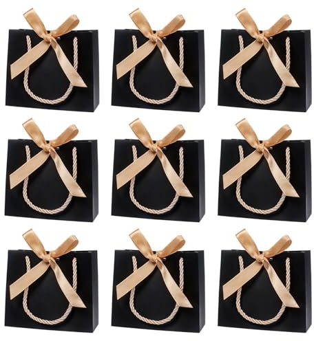 10 Stück kleine Schwarze Geschenktüten mit Schleifen und Henkel, 14× 6× 12 cm Schwarze Partytüten kleine Geschenktasche Mini-Party-Gunsttüten für Geburtstag, Hochzeit