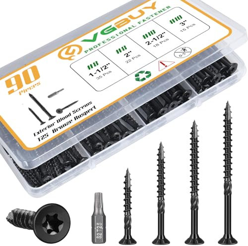 VGBUY 90Pcs Deck Screws, #8#10 Black Wood Screws Assortment Kit, Star Drive,Heavy-Duty Exterior (1-1/2,2,2-1/2,3),T25 Star Bit