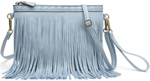 B BRENTANO Vegan Fringed Crossbody Bag with removable Strap, Western style Fringe Purse. (BLUE GRAY)