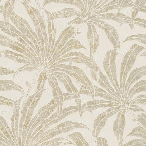 Carta da parati natura Profhome 395015-GU Carta da parati TNT strutturata con design giungla ed accenti metallici beige oro argento 5,33 m2