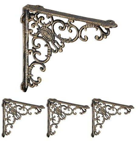 Relaxdays Regalwinkel, 4er Set, Gusseisen, antike Regalträger, Winkel Regalbretter, HxBxT: 21,5 x 4 x 21,5 cm, Bronze