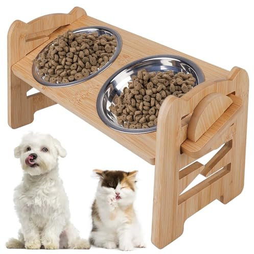 Hundenapf Erhöht, Futternapf Fressnapf Hunde Katzen Edelstahl, Erhöhter 15° Katzennapf, Hundenapf Höhenverstellbar Futterstation Bambus mit 2 Edelstahlnäpfen für Kleine Medium Hunde & Katzen