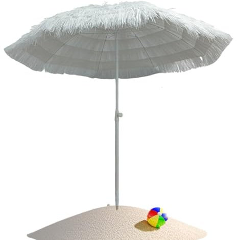 QSPNVFB Weiß Stroh Sonnenschirm 200cm Strandschirm Hawaii Groß Kippbarer Bast Gartenschirm Sonnenschutz Terrassenschirm Für Hochzeit Pool Picknick