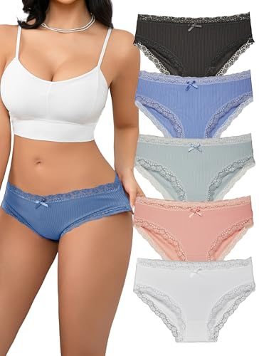 Hialegion Culottes Femme Lingerie avec Dentelle et Nœud Slip Doux et Respirant Design Féminin et Finition Soignée Pack 5 S-XL