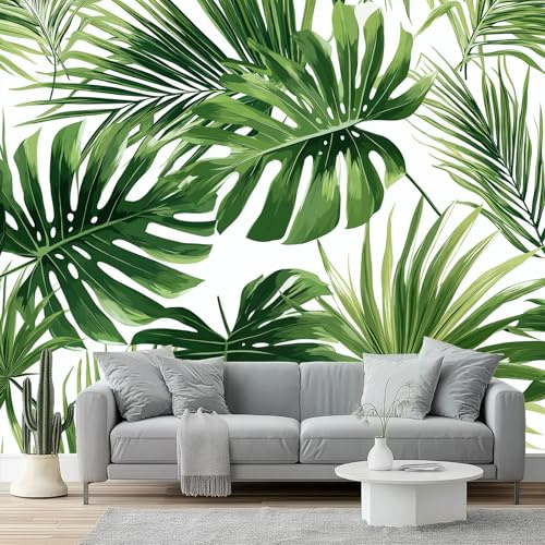 Carta da parati 200 x 147 cm - Verde Bianco Fotomurali Murale alla moda Decorazione da Muro Design Cameretta Carta per pareti - Semplice Piante tropicali Foglie di palma Progettazione di stampa