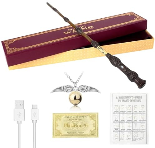PLLYPE Varita mágica de Dumbledore, varita mágica de 38 cm, varita de anciano iluminada, varita de mundo mágico de carga USB, accesorio de disfraz de Halloween con collar de snitch, mesa de hechizos