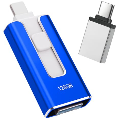 USB Stick 128GB for iPhone, [MFi-certified] 4-in-1 Flash Drive for iphone, Photo Stick for iPhone/iPad/Android/PC, Without App USB 3.0 High-Speed Lightnning Memory Stick Transfer Photos Videos, Blue
