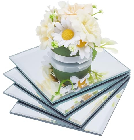 OLYCRAFT 4 Pack carreaux de miroir en verre carré 10x10cm plateau de miroir bougie petits miroirs en verre décoratifs miroirs muraux anniversaire Table de Table Table de fête décoration murale