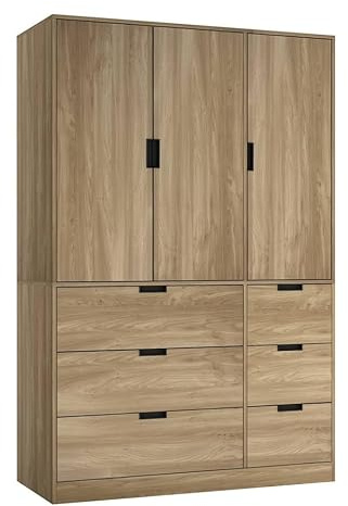 URBNLIVING 3-Door Wardrobe with 6 Drawers – Customisable Two-Tone Storage Unit - Oak Unit & Oak Doors & Drawers