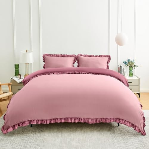 Lions Reversible Bedding - Ruffle Duvet Cover Set Double Bed Size - Baby Pink Bedding Sets with Matching Pillowcase, 100% Polyester, Soft Microfibre Frilly Quilt Covers, 200x200cm