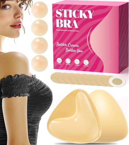 PTENLIDIY Sticky Bra Inserts, Push Up Sticky Bra Pads with Nipple Covers, Double Sided Sticky Bra, Adhesive Bra Inserts For Sports Bra & Swimsuit, Includes Storage Bag, Light Beige M