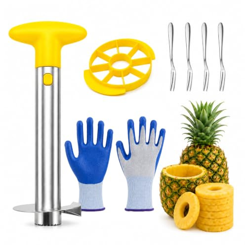 Juego de 7 cortadores de piña, pelador de acero inoxidable, descorazonador de piña con función 3 en 1, apto para lavavajillas, incluye cortadora de piña, tenedor, guantes para cocina y hogar