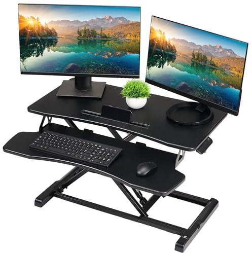 TechOrbits Standing Desk Converter-32-inch Height Adjustable, MDF Wood, Sit Riser-Black, 32