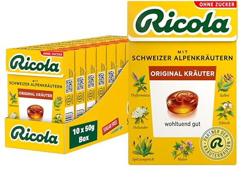 Ricola Original Kräuter, 10 Böxli Original Schweizer Kräuter-Bonbons mit 13 Schweizer Alpenkräutern & Menthol, zuckerfrei, 10 x 50g, vegan