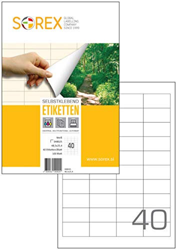 Sorex 48,5x25,4 mm Universal Etiketten Selbstklebend Weiß für alle Drucker, 100 Blatt DIN A4, Premium Aufkleber, Starke Klebekraft, Barcode, Adressetiketten, Live Geschnitten, 40 Etiketten/Blatt