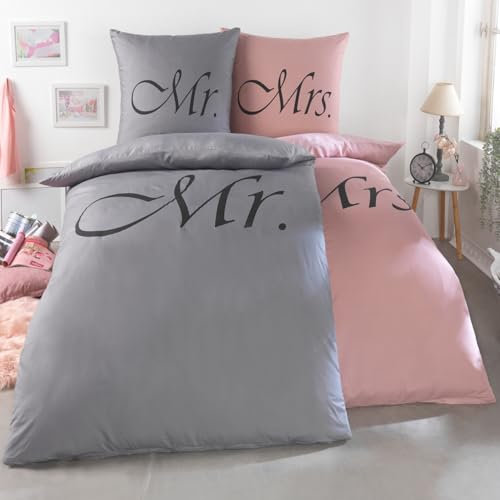 Kuscheli® 4-teilig Partner Bettwäsche 135x200 mit 80x80 Kissenbezug | ÖkoTex Zertifiziert | seidig weich, Mikrofaser für Paare, Farbe:King-Queen rosa-grau